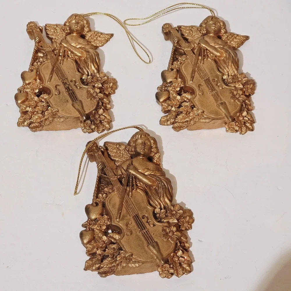 Lot of 3 Vtg Resin Plastic Angels Playing A Cello Gold Tone Christmas Ornaments